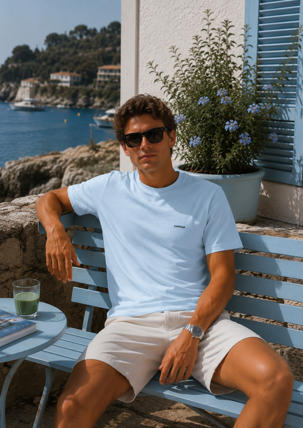 Homme portant un t-shirt bleu clair kardaia