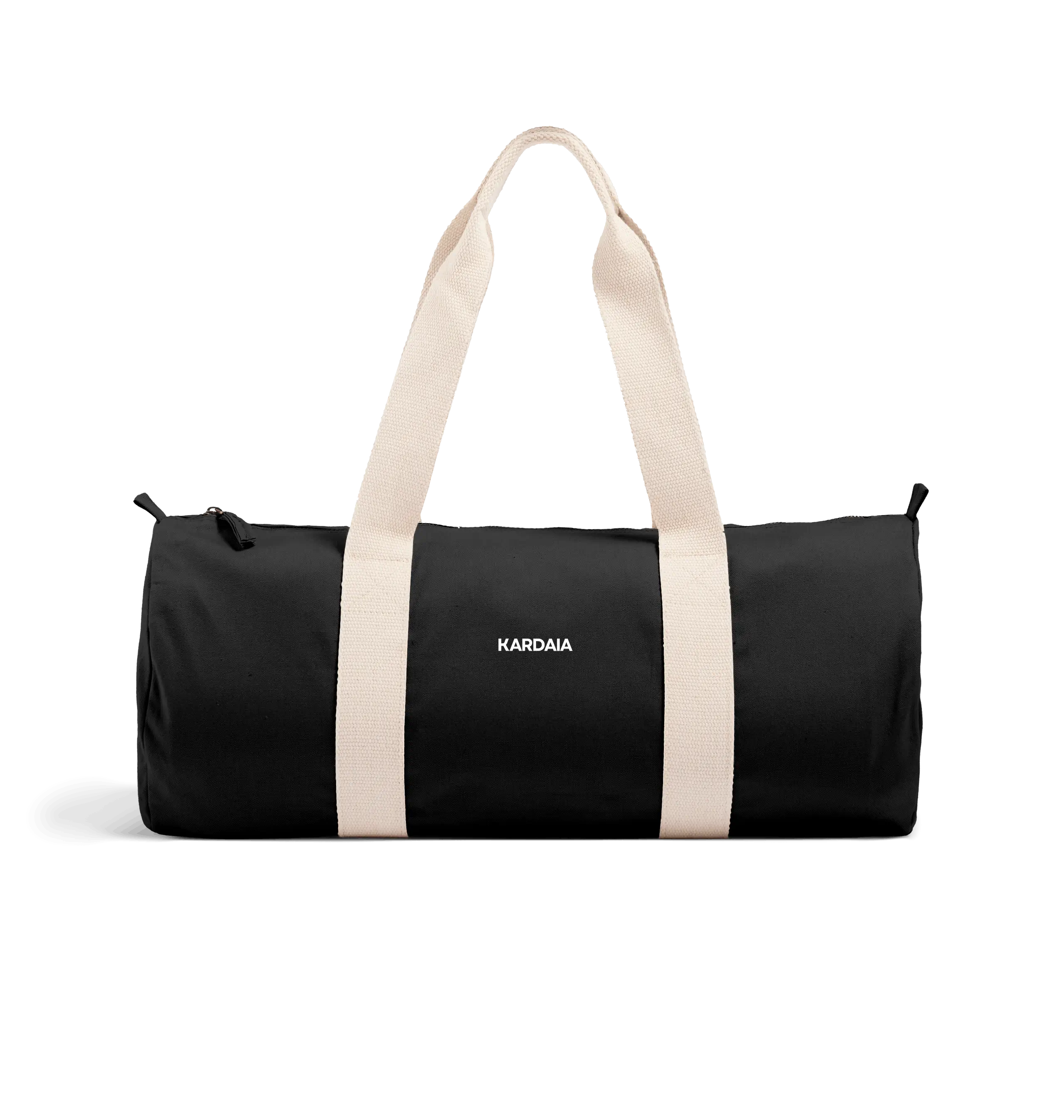 Sac de voyage noir en coton biologique avec poignées en sangle, présenté en studio sur fond sombre