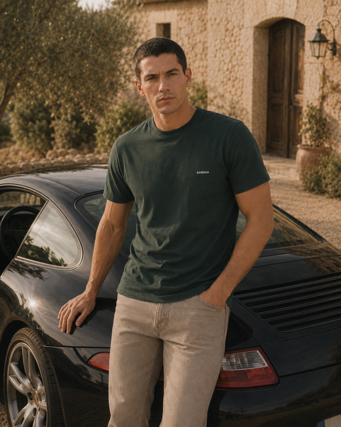 homme assis sur le coffre de sa voiture portant un t-shirt kardaia gris anthracite